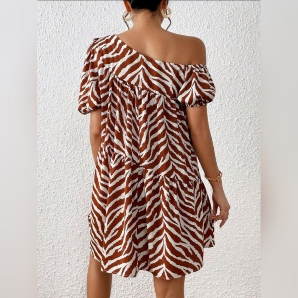 Puff Sleeve Ruffle Hem One Shoulder Smock Dress NWOT Asymmetrical Neck - Picture 3 of 6